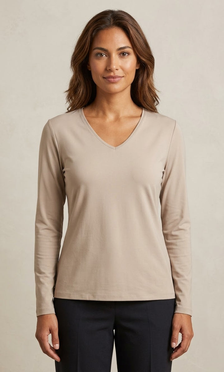Stretch Cotton V-Neck Long-Sleeve Top