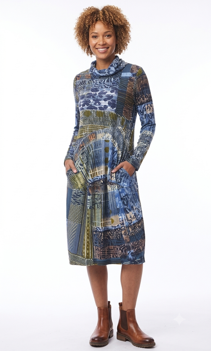 Patchwork Print Cowl Neck Dress