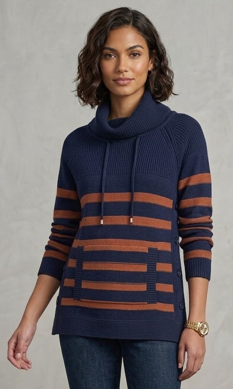 Striped Cowl Neck Knit Sweater
