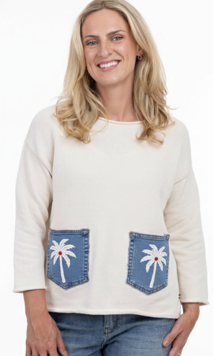 Knit Sweater with Embroidered Denim Patch Pockets