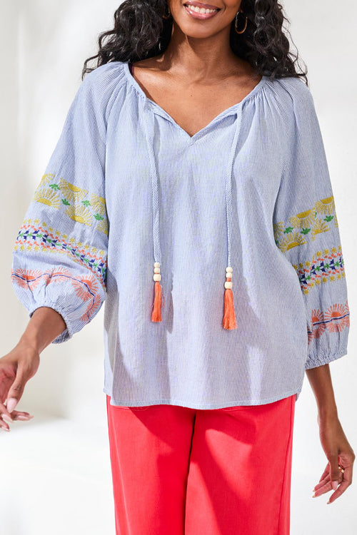 Embroidered Tassel Tie Peasant Blouse