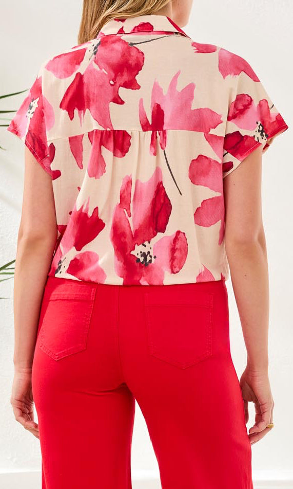 Floral Print Tie-Front Button-Up Blouse