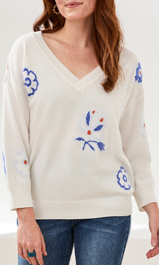 Woman wearing a cream sweater with blue floral patterns on a white background