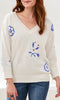 Woman wearing a cream sweater with blue floral patterns on a white background