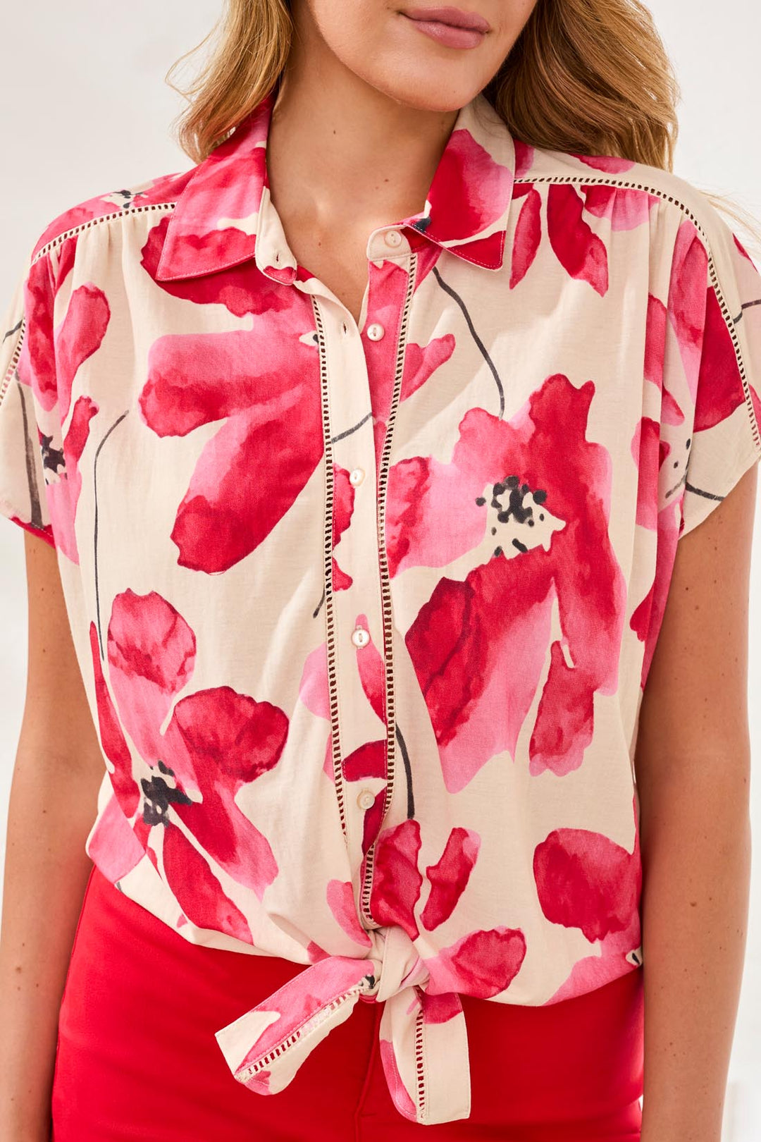 Floral Print Tie-Front Button-Up Blouse