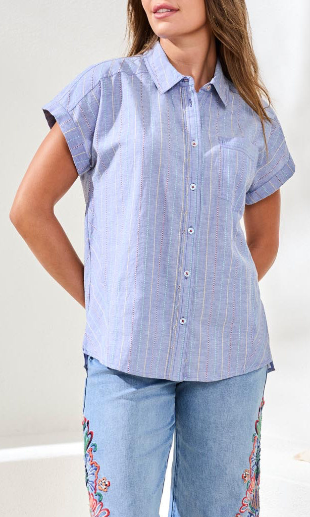 Cotton Blend Striped Short Sleeve Button-Up Shirt
