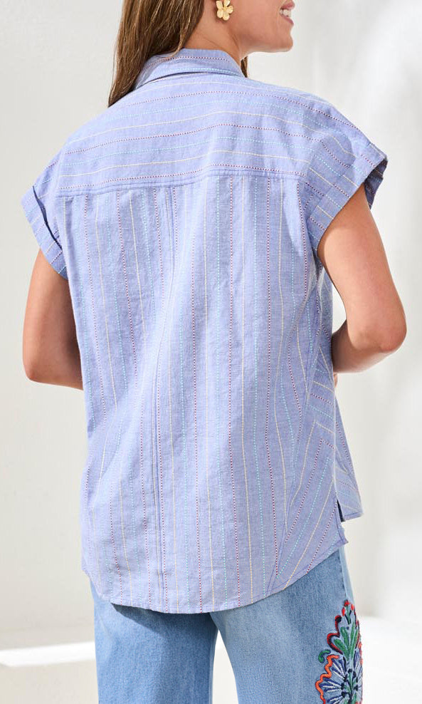 Cotton Blend Striped Short Sleeve Button-Up Shirt