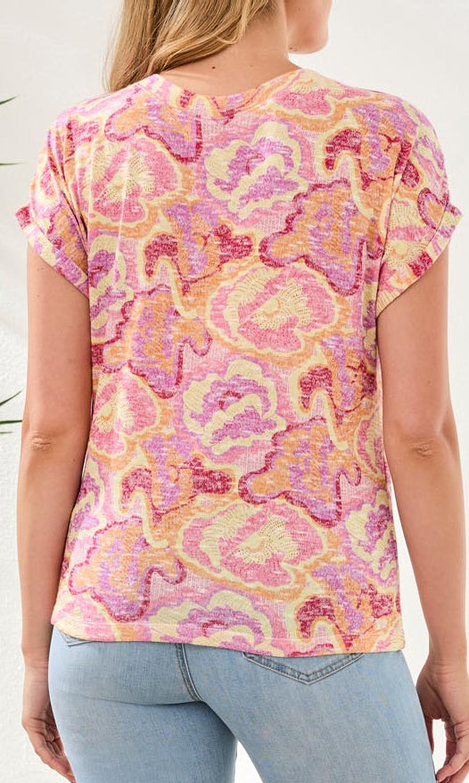 Abstract Floral V-Neck Short Sleeve Top