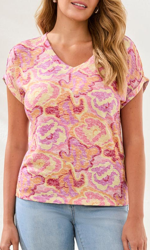 Abstract Floral V-Neck Short Sleeve Top