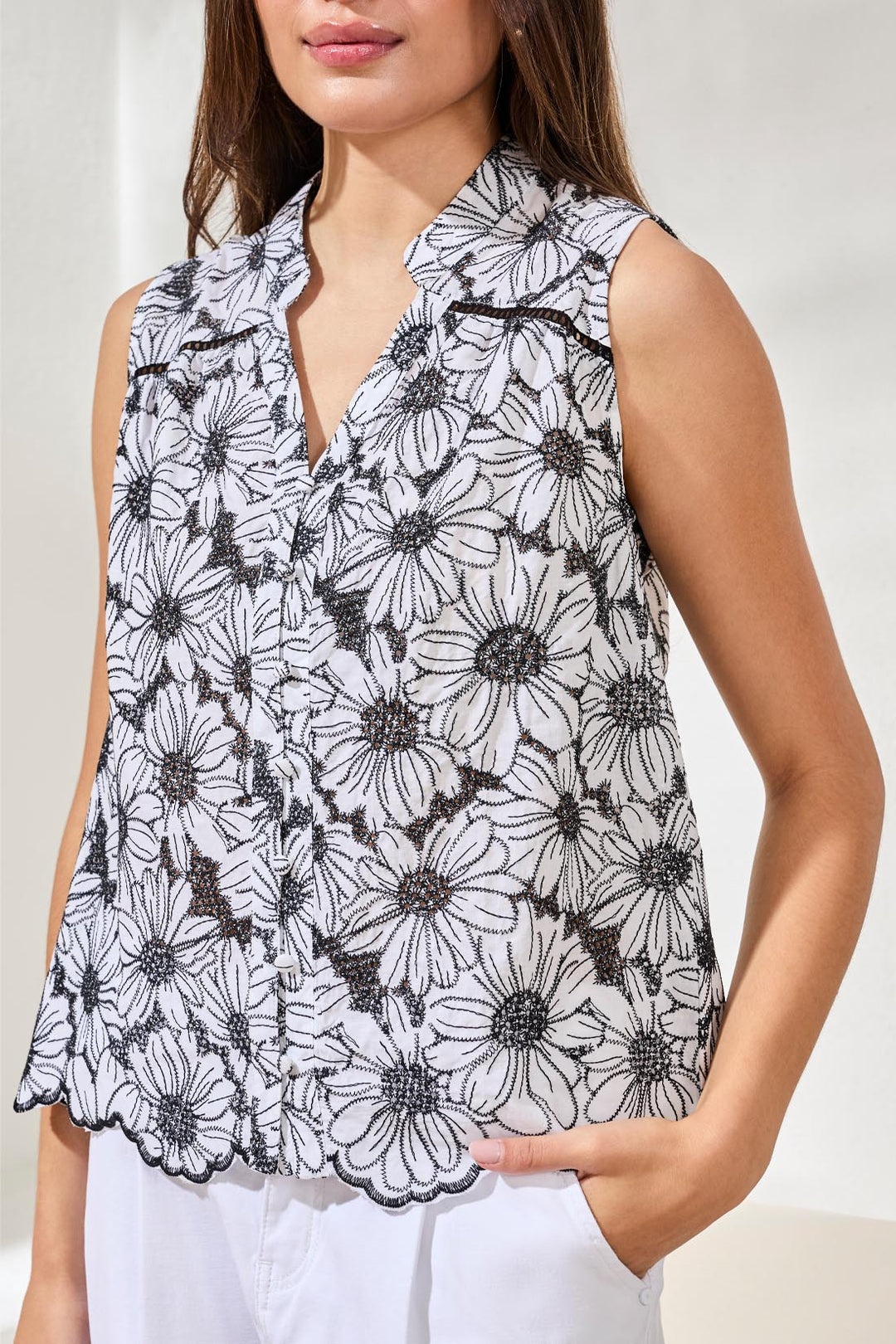 Cotton Floral Embroidered Sleeveless Blouse