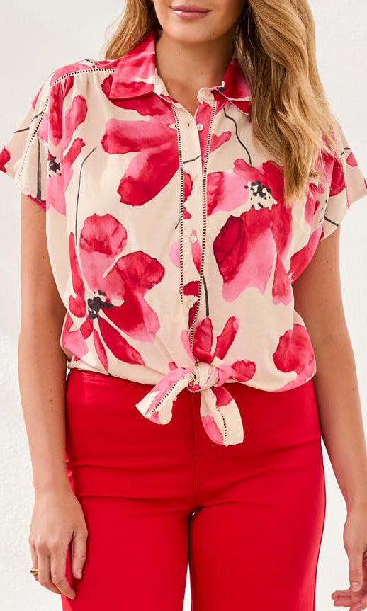 Floral Print Tie-Front Button-Up Blouse