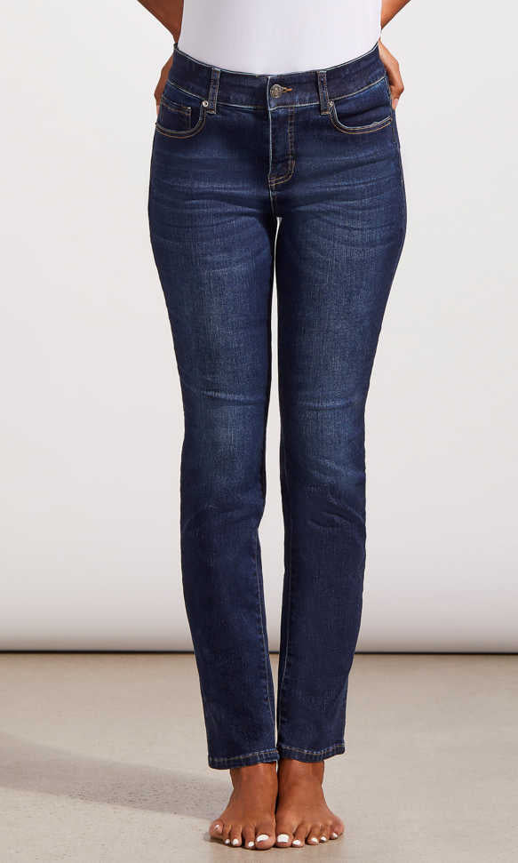 A pair of curvy straight leg jeans with a mid-rise waist and five pockets, made from sustainably sourced cotton and Repreve polyester.